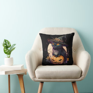 Cat Lovers Black Cat & Spooky Pumpkin Black Kissen