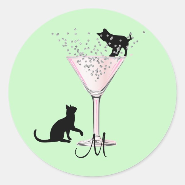 Cat Lovers Bubbles Modernes Green Cocktail Monogra Runder Aufkleber (Vorderseite)
