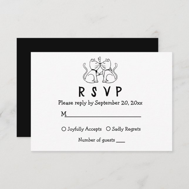 Cat Lovers Cartoon Kitty White Black Wedding RSVP (Vorne/Hinten)