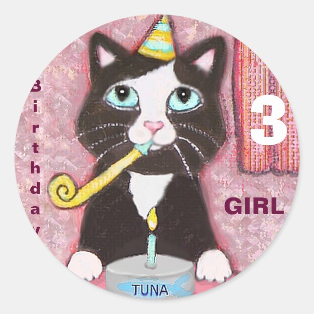 Cat Lover's Custom Age Round Birthday Stickers (Vorderseite)