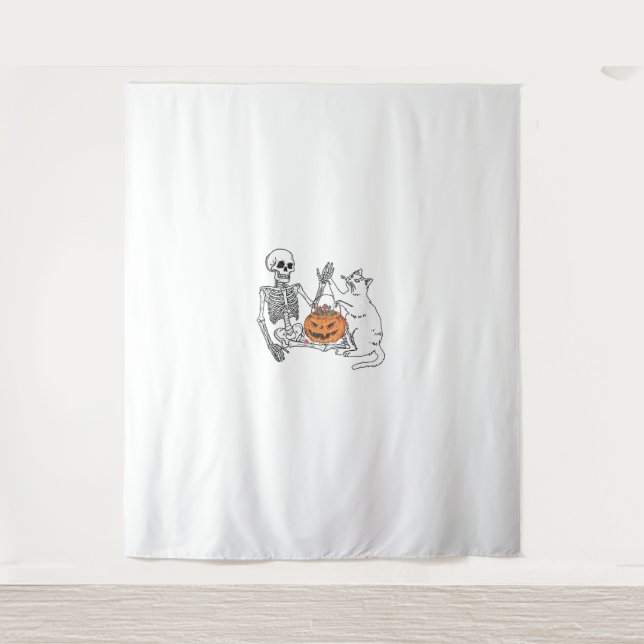 Cat Lovers Halloween Funny Skelett und Cat Lazy C Wandteppich (Vorderseite)