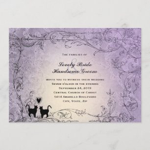 Cat Lovers Verziert Lavendel Vintage Hochzeit Einladung