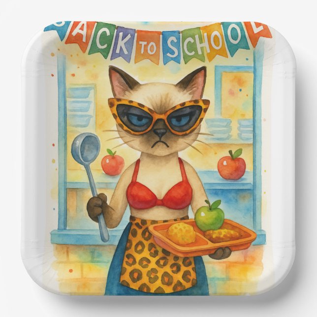 Cat Lunch Lady Serving Food Back to School Themed Pappteller (Vorderseite)