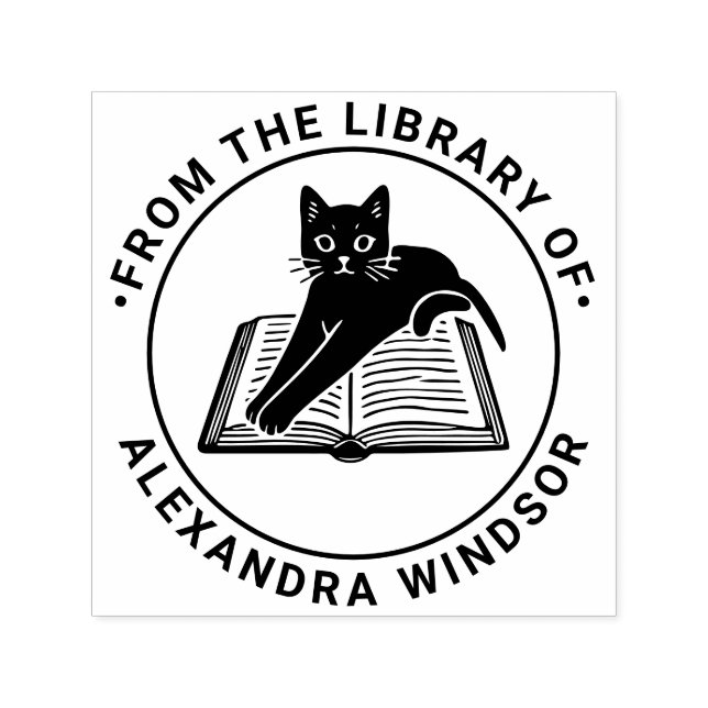Cat Lying on open Book - Library Book Name Permastempel (Design)