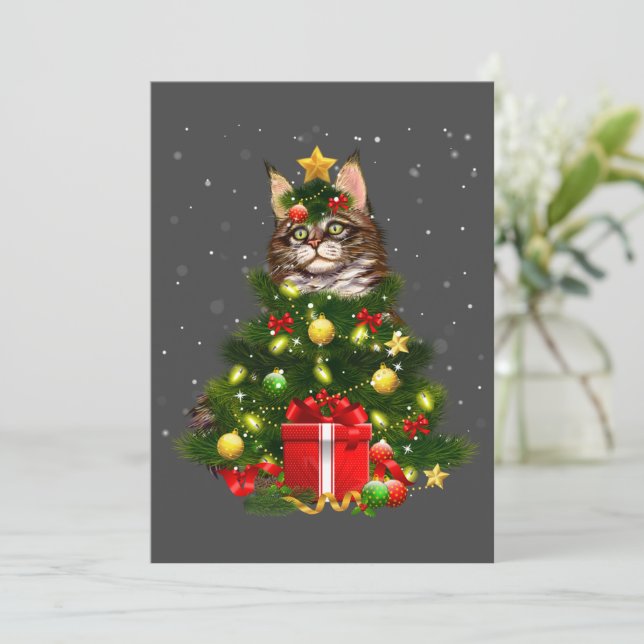 Cat Maine Coon Cat Xmas Tree Lights Cat Lover Ugly Einladung (Stehend Vorderseite)