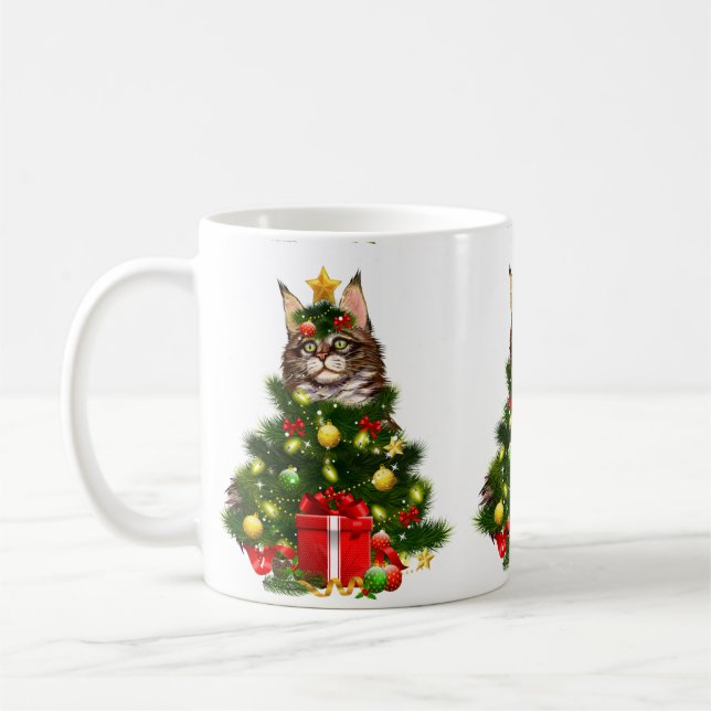 Cat Maine Coon Cat Xmas Tree Lights Cat Lover Ugly Kaffeetasse (Links)