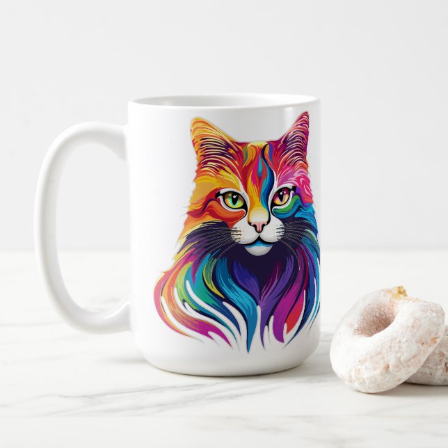 Cat Maine Coon Portrait Rainbow Colors Kaffeetasse (Mit Donut)