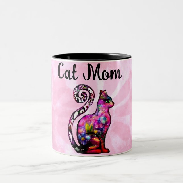 Cat Mama Abstrakt Whimsical Cat Kitty Art Zweifarbige Tasse (Mittel)