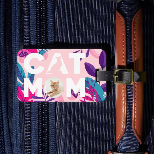CAT-MAMA, Ihr Foto, rosa Blume und Blätter Gepäck Gepäckanhänger (Vorderseite Insitu 4)
