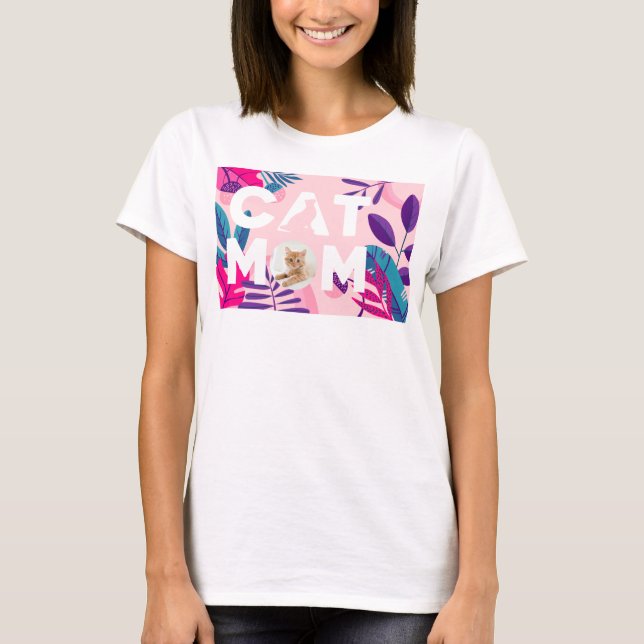 CAT-MAMA, Ihr Foto, rosa Blume und Blätter T-Shirt (Vorderseite)