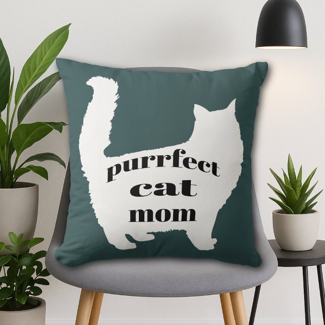 Cat-Mama Kissen (Modern forest green pillow with white cat silhouette and “Purrfect Cat Mom” text, cozy home décor.)