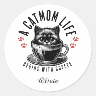 Cat Mama Leben beginnt mit Kaffee - personalisiert Runder Aufkleber