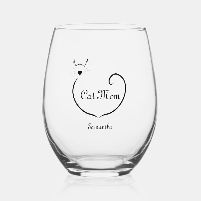 Cat Mama Liebe Form und Personalisiertes Schwarzes Weinglas Ohne Stiel (Vorderseite)
