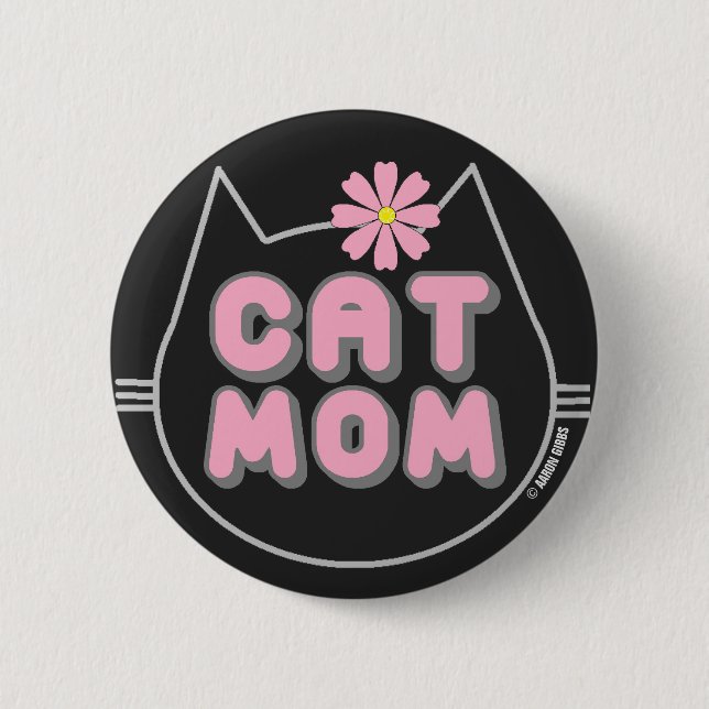 CAT-MAMA mit rosa Blume Button (Vorderseite)