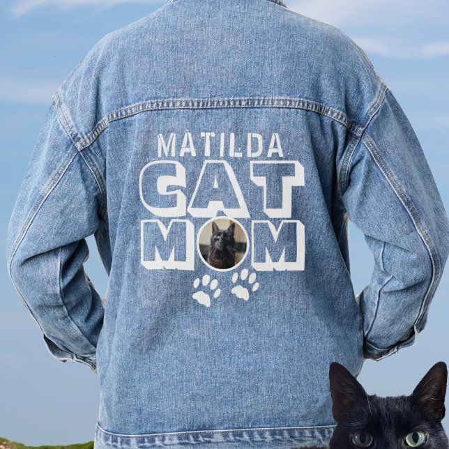 Cat Mama PW Print Name Pet Foto Frauen Jeansjacke (Add your name and your best friend's photo to this cute Cat Mom denim jacket)