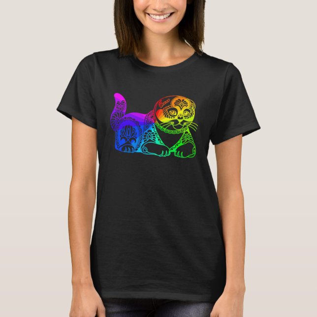 Cat Mandala Rainbow Kitty Geometric Yoga Meditatio T-Shirt (Vorderseite)