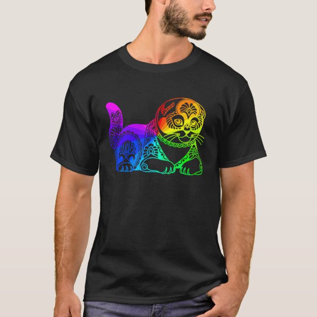 Cat Mandala Rainbow Kitty Geometric Yoga Meditatio T-Shirt (Vorderseite)