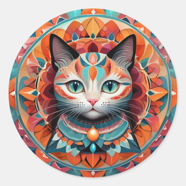 Cat Mandala Runder Aufkleber (Vorderseite)