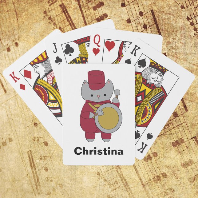 Cat Marching Band personalisieren Maroon und Gold Spielkarten (A cute deck of playing cards featuring a bass drum playing cat in maroon and gold)