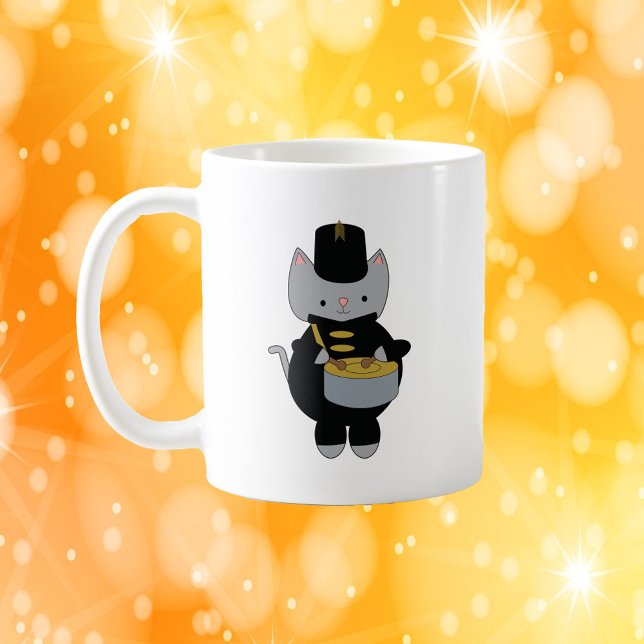 Cat Marching Band Snare Drum Black Gold Kaffeetasse (A mug featuring a cat playing the snare drum in a black & gold marching band uniform.)
