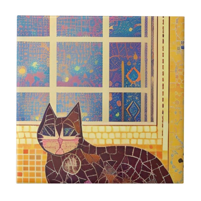 Cat-Marokko-Mosaik abstrakte Kunst brauner Platz Fliese (Vorderseite)