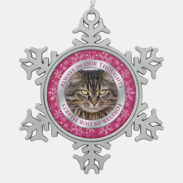 Cat Memorial Foto Weihnachten Rosa Silber Schneeflocken Zinn-Ornament (Vorderseite)