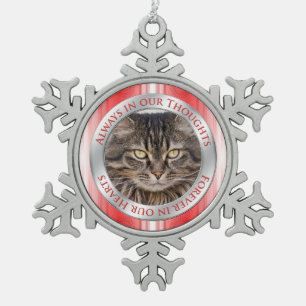 Cat Memorial Foto Weihnachten Rot Silber Weiß Schneeflocken Zinn-Ornament