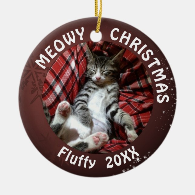 Cat Meowy Christmas 2 Foto Burgundy Keramik Ornament (Vorne)