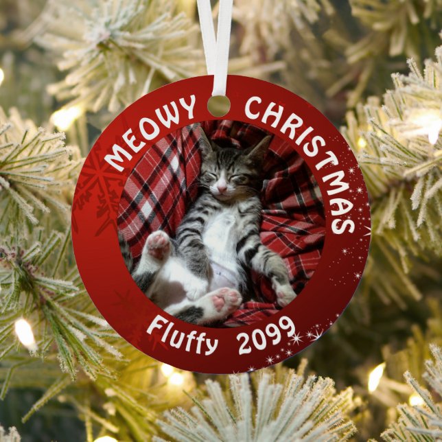 Cat MEOWY CHRISTMAS 2 Fotos Name Red Ornament Aus Metall (InSitu)