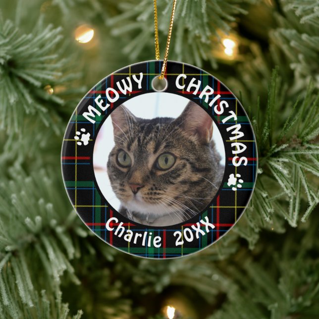 Cat MEOWY CHRISTMAS 2-seitige Weihnachtszeit Karie Keramikornament (Baum)