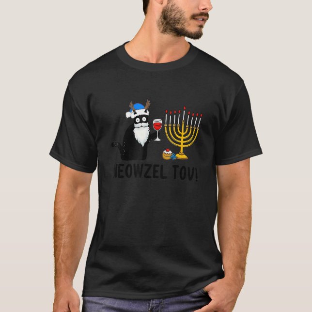 Cat Meowzel Tov Chanukah Jüdische schwarze Katze H T-Shirt (Vorderseite)