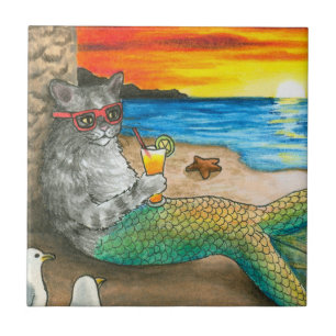 Cat Mermaid 25 Beach Sunset Fliese
