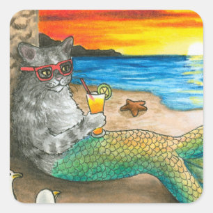 Cat Mermaid 25 Beach Sunset Quadratischer Aufkleber