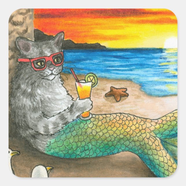 Cat Mermaid 25 Beach Sunset Quadratischer Aufkleber (Vorderseite)