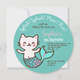 Cat Mermaid Blue Round Girl Birthday Purmaid Einladung