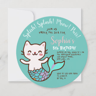 Cat Mermaid Blue Round Girl Birthday Purmaid Einladung