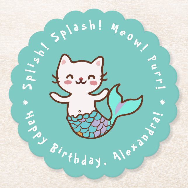 Cat Mermaid Girl Birthday Blue Meowmaid Purrmaid Untersetzer (Vorderseite)