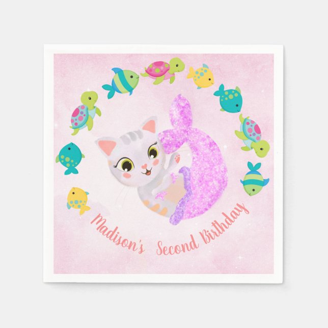Cat Mermaid Purrmaids Birthday Plate Serviette (Vorderseite)