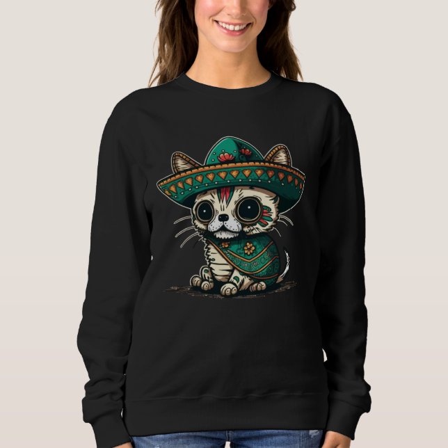 Cat Mexican Sugar Skull Sombrero Cinco De Mayo Sweatshirt (Vorderseite)