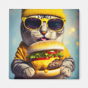 CAT MIT CHEESEBURGER-FUNNY-Kühlschrankmagnet Magnet