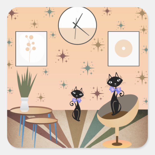 Cat Mitte des Jahrhunderts Moderne Quadratischer Aufkleber (Vorderseite)