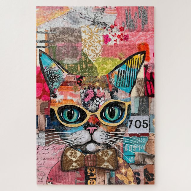 Cat Mixed Mixed Paper Collage Jigsaw Puzzle (Vertikal)