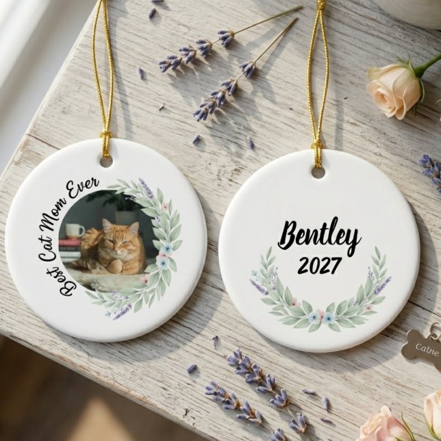 Cat Mom Gift – Floral Lavender Pet Lover Keepsake Keramik Ornament (Best cat mom ever floral pet photo ornament)