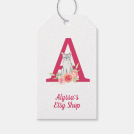 Cat Monogram und Pink Floral Bouquet Merchandise Geschenkanhänger