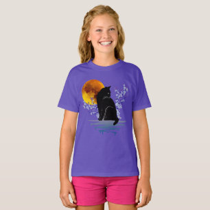 CAT MOON IN BLOSSOM BLUME SCHWARZE KATZEN LOVER T- T-Shirt