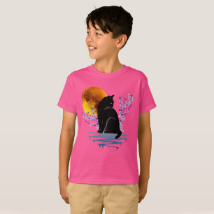 CAT MOON IN BLOSSOM BLUME SCHWARZE KATZEN LOVER T- T-Shirt