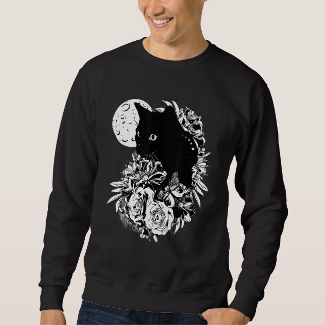 Cat Moon Night Blume Schwarze Katzen Sweatshirt (Vorderseite)