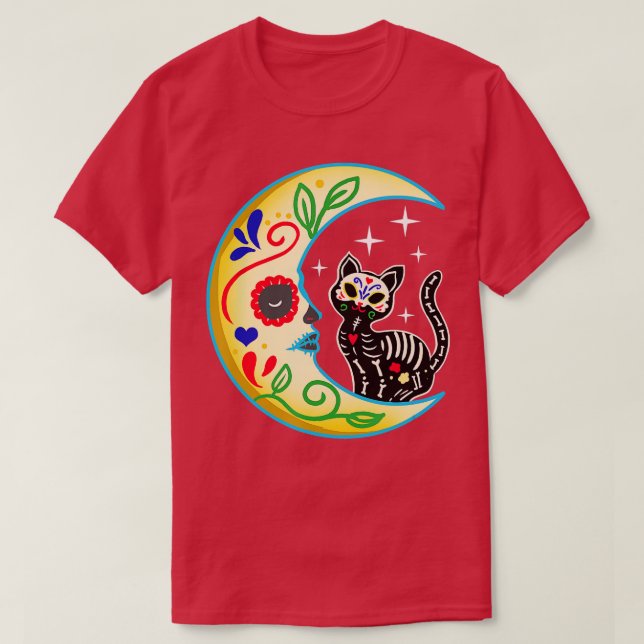 Cat & Moon Sugar Skull Dia de Los Muertos, Day of  T-Shirt (Design vorne)