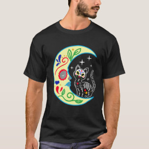 Cat Moon Sugar Skull Dia de Los Muertos Tag des Hi T-Shirt