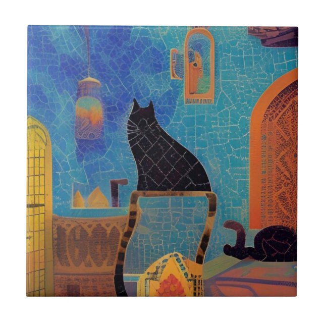 Cat moroccan mosaik farbenfrohe abstrakte Kunst Ki Fliese (Vorderseite)